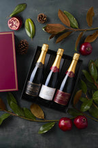 Image of the Michel Foch Champagne Trio holiday gift set featuring 3 bottles of Michel Foch Champagne in an elegant branded gift box.